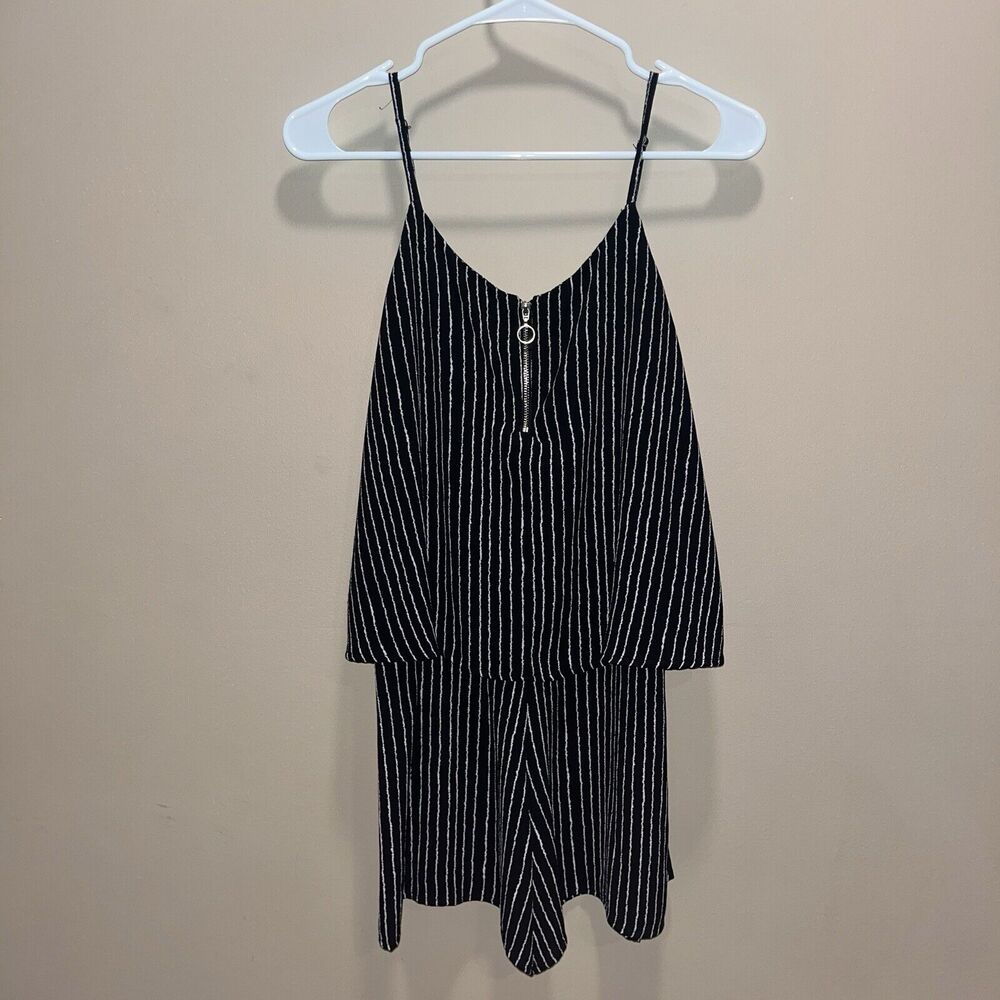 Mango Women’s Black Striped Jump Suit Romper S Shorts Zip Club Casual Fun Funky
